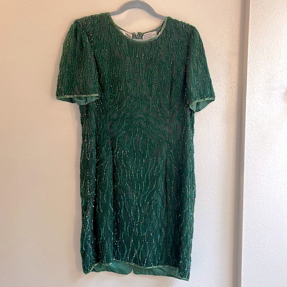 Vintage Emerald Green Silk Sequined Dress with Tags
